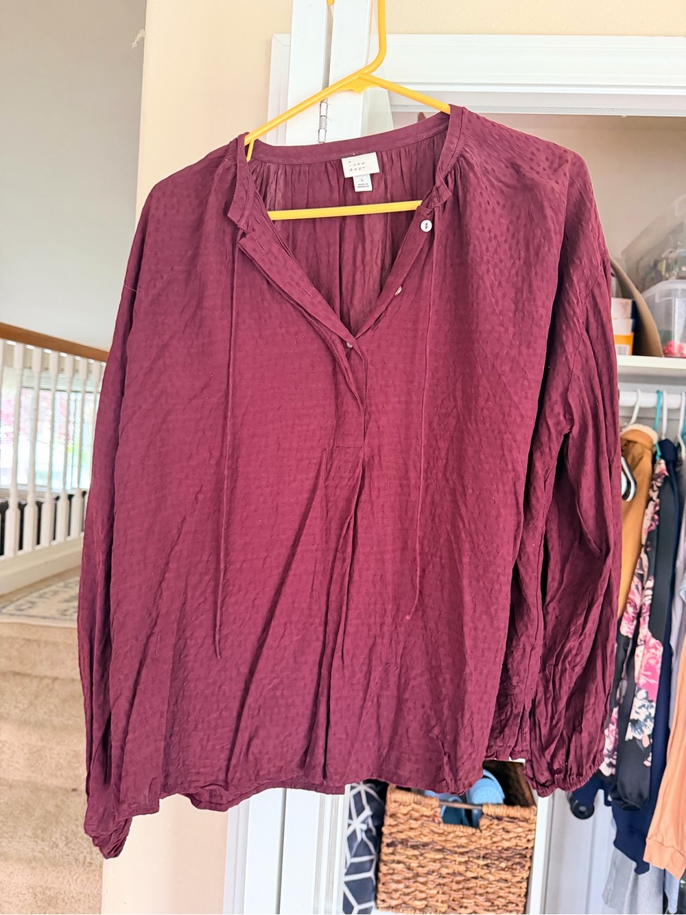 a new day Textured Split-Neck Long Sleeve Tunic - Burgundy